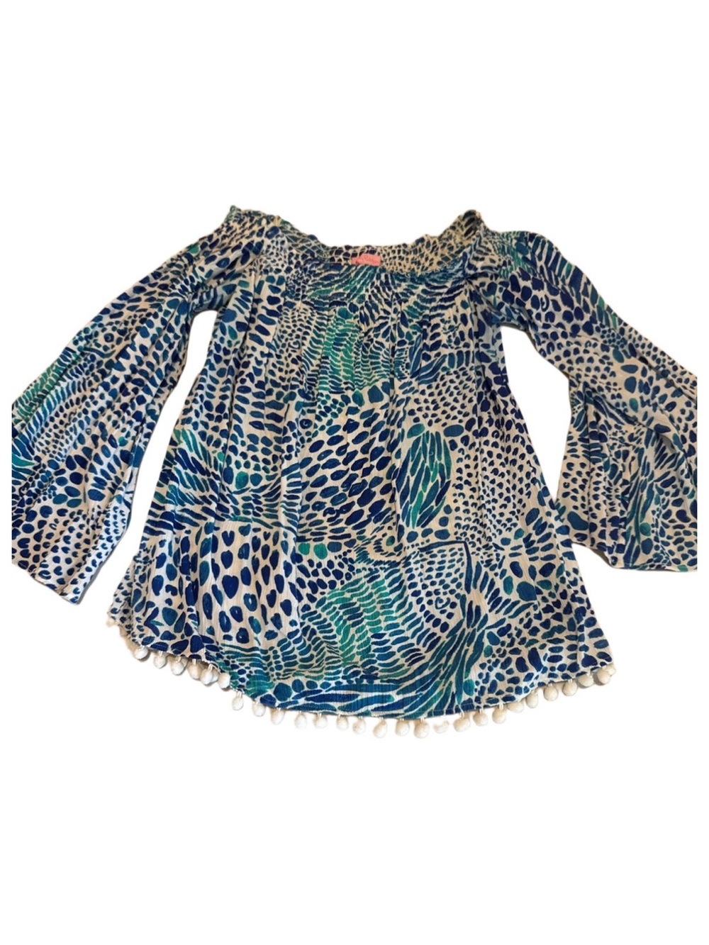 Lilly Pulitzer Blue & Green Off-Shoulder Tunic with Pom Hem